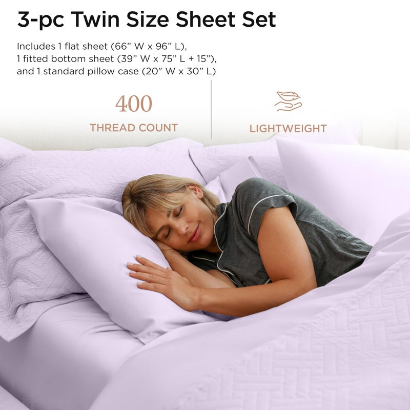 Threadmill Egyptian Cotton Twin Sheet Set | 100% Certified Egyptian Cotton Sheets for Twin Size Bed | Sateen Twin Bed Sheets Set 15" Deep Pocket | Soft Breathable 3-Piece Cooling Sheet Set | Lilac - Image 2